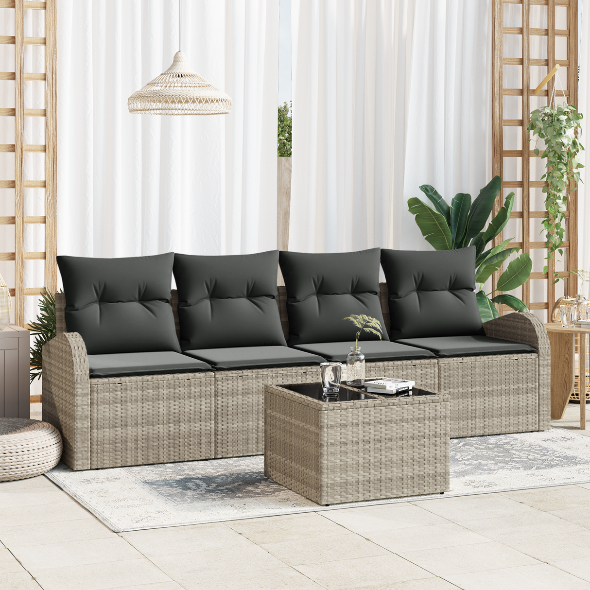 5 Piece Garden Sofa Set with Cushions Light Grey Poly Rattan