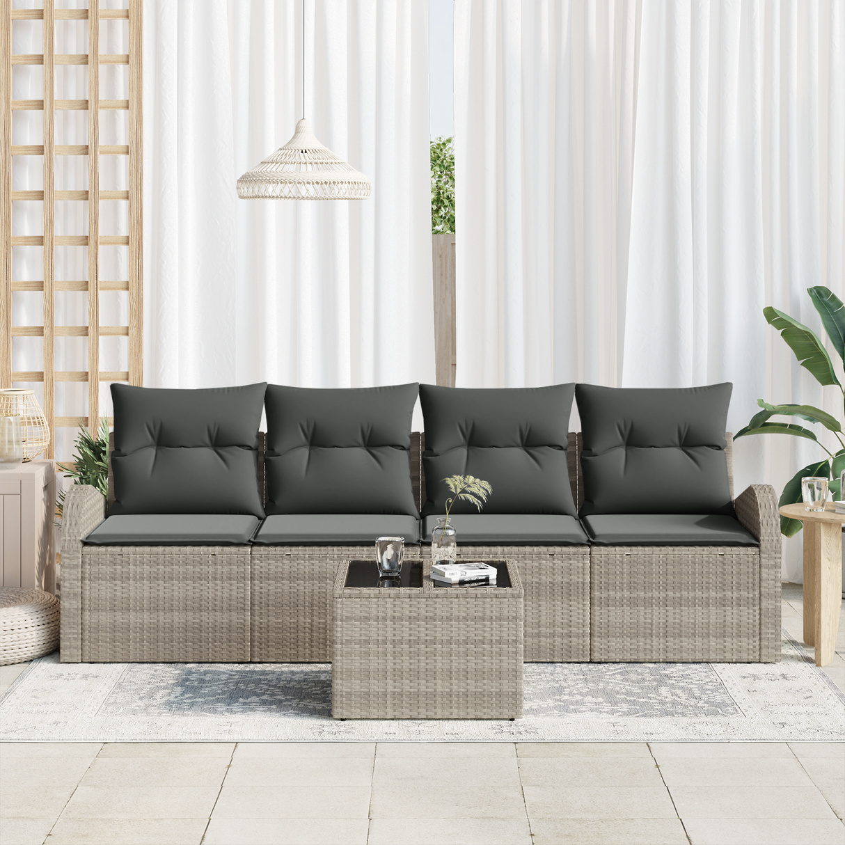 5 Piece Garden Sofa Set with Cushions Light Grey Poly Rattan