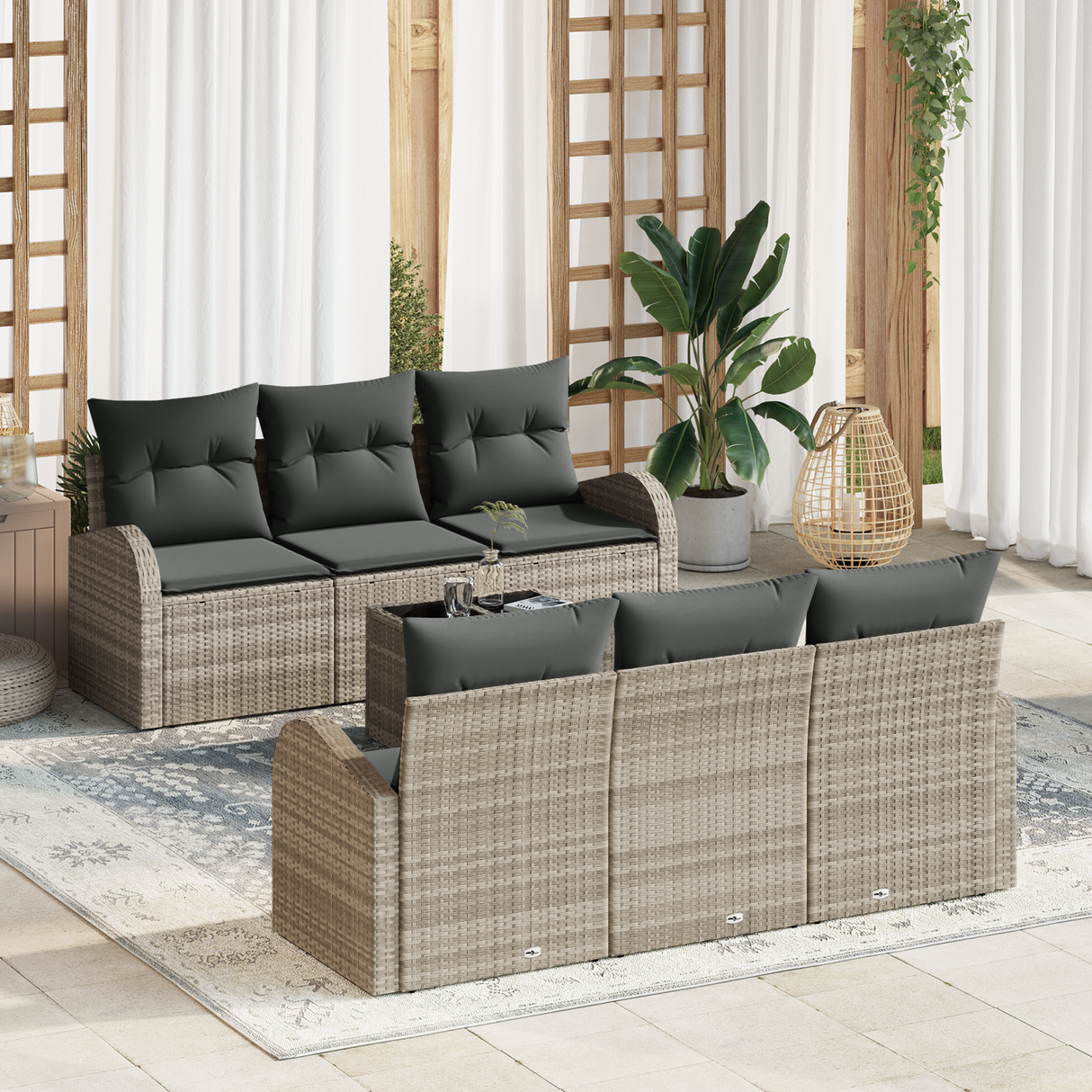 7 Piece Garden Sofa Set with Cushions Light Grey Poly Rattan