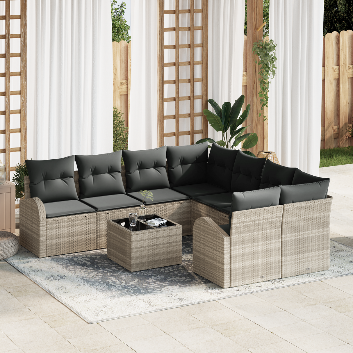 9 Piece Garden Sofa Set with Cushions Light Grey Poly Rattan