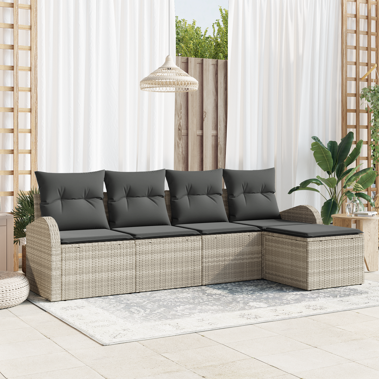 5 Piece Garden Sofa Set with Cushions Light Grey Poly Rattan