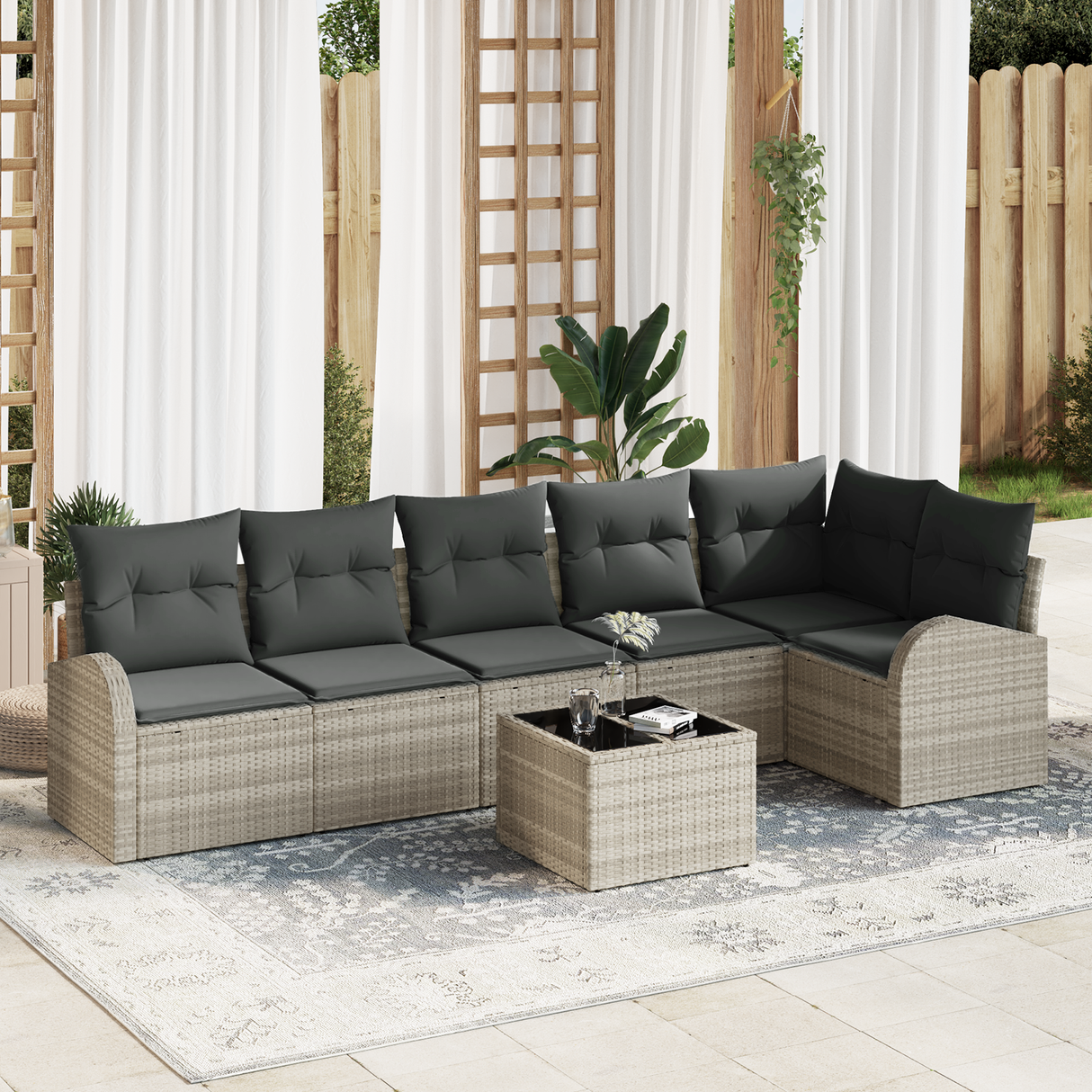7 Piece Garden Sofa Set with Cushions Grey Poly Rattan