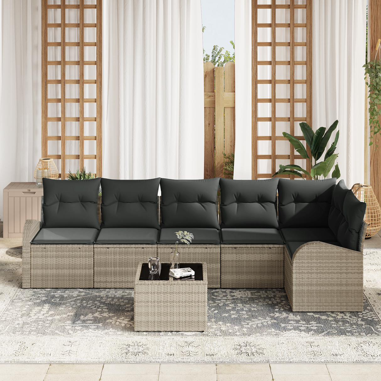 7 Piece Garden Sofa Set with Cushions Grey Poly Rattan