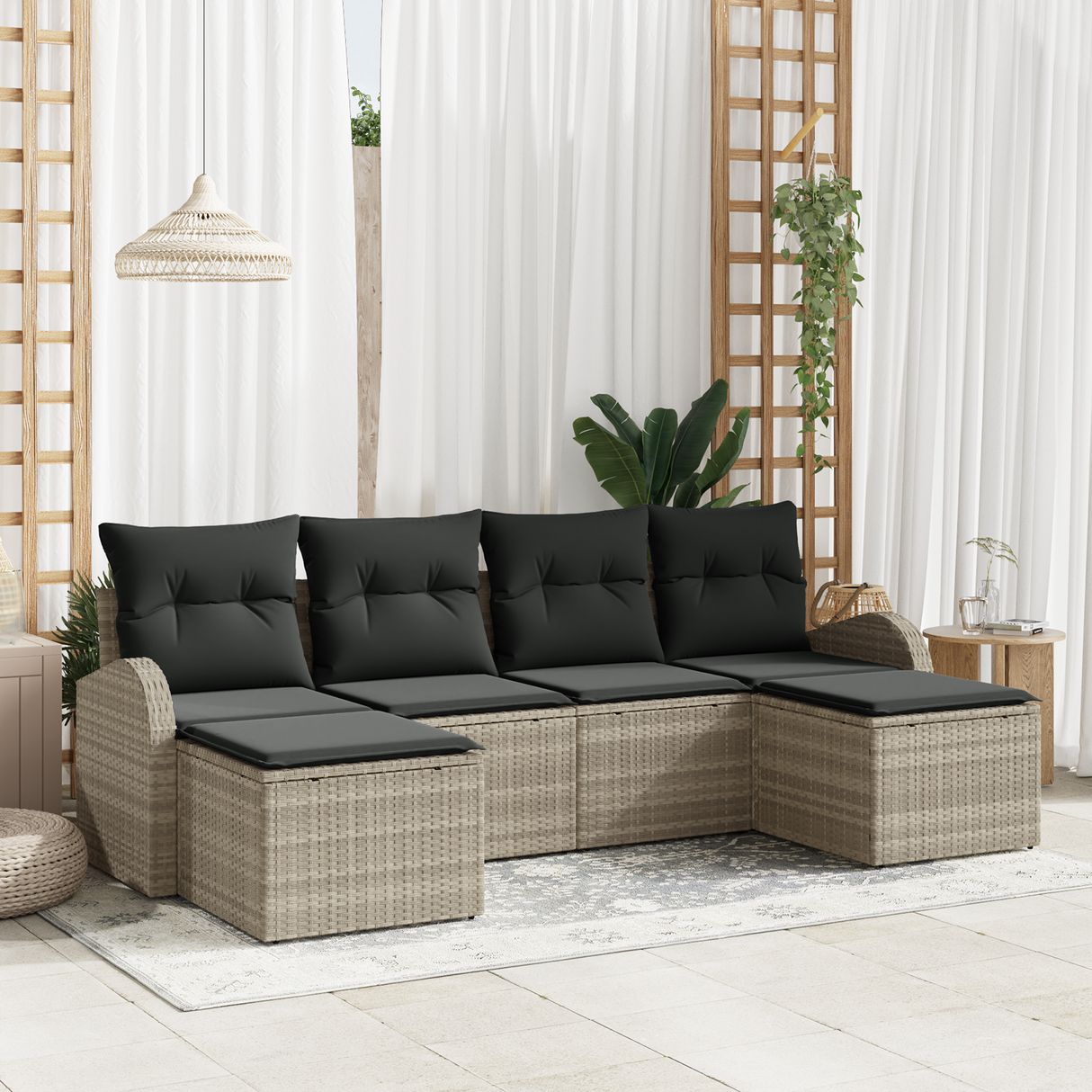 6 Piece Garden Sofa Set with Cushions Light Grey Poly Rattan