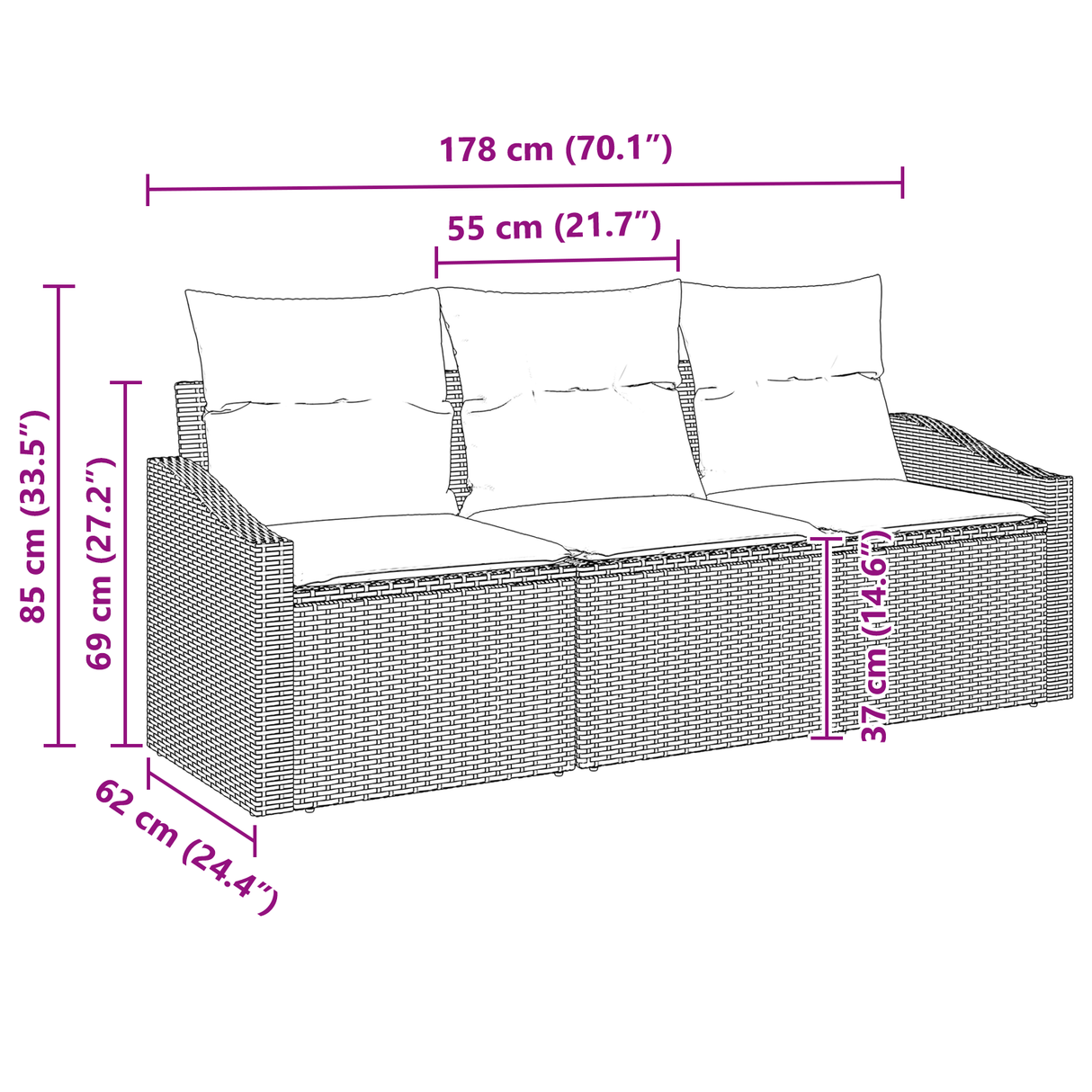 3 Piece Garden Sofa Set with Cushions Light Grey Poly Rattan