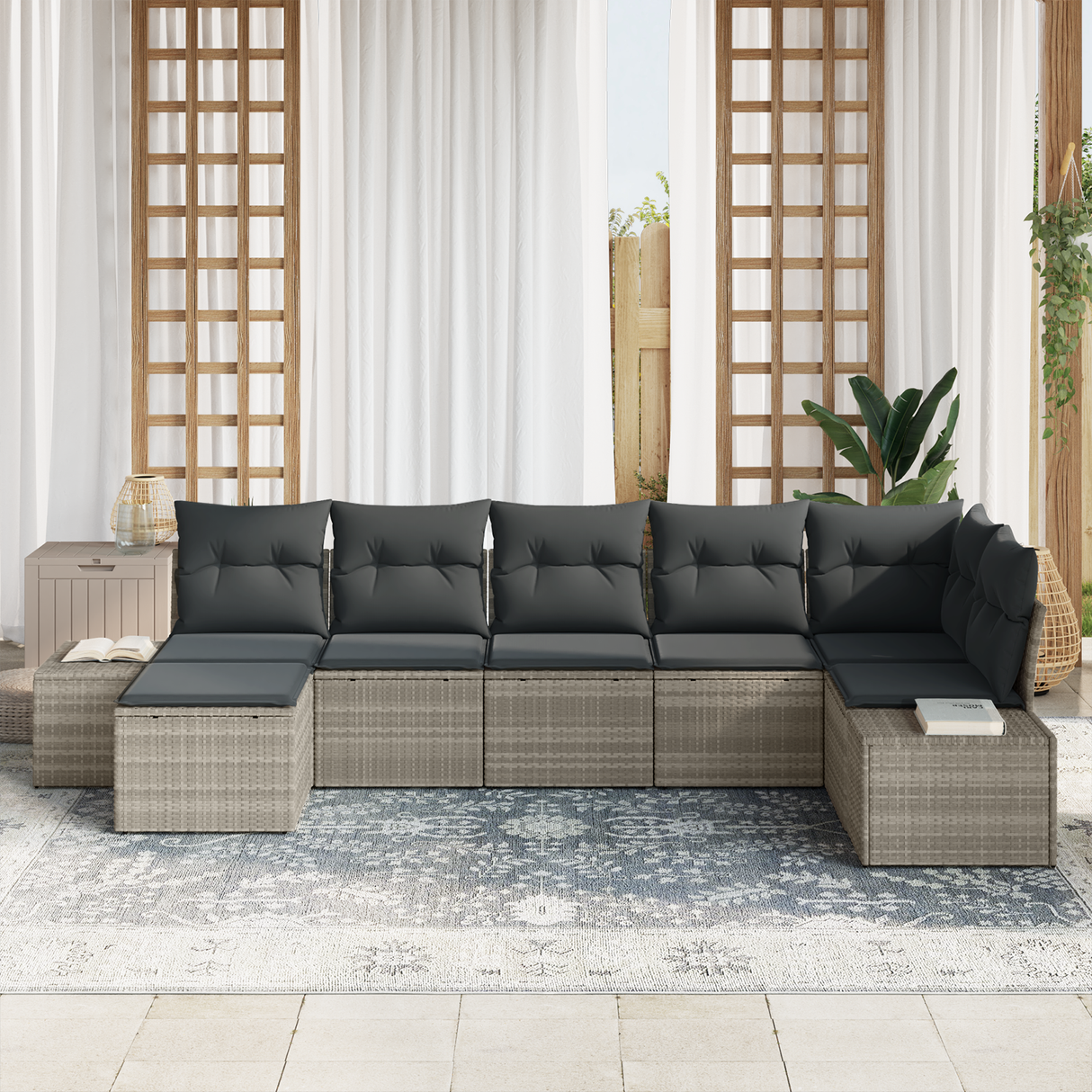 7 Piece Garden Sofa Set with Cushions Light Grey Poly Rattan