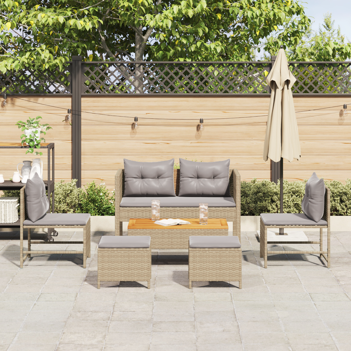 Outdoor Sofa Set Beige and Light Grey Rattan, Fabric Standard