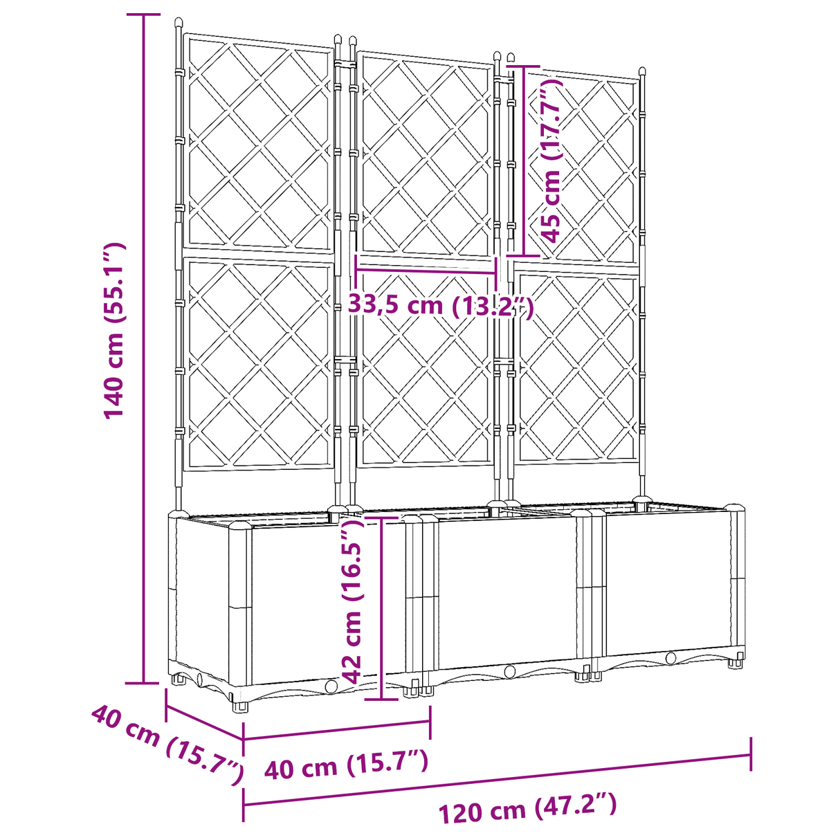 Garden Planter with Trellis 3 pcs Grey 120 x 40 x 143 cm PP